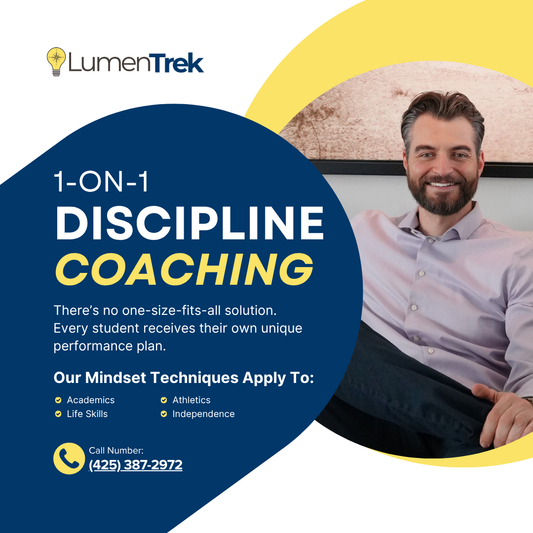 Advertisement for LumenTrek's 1-on-1 Teen Discipline Coaching services with mentor, Drew Sears sitting on a couch
