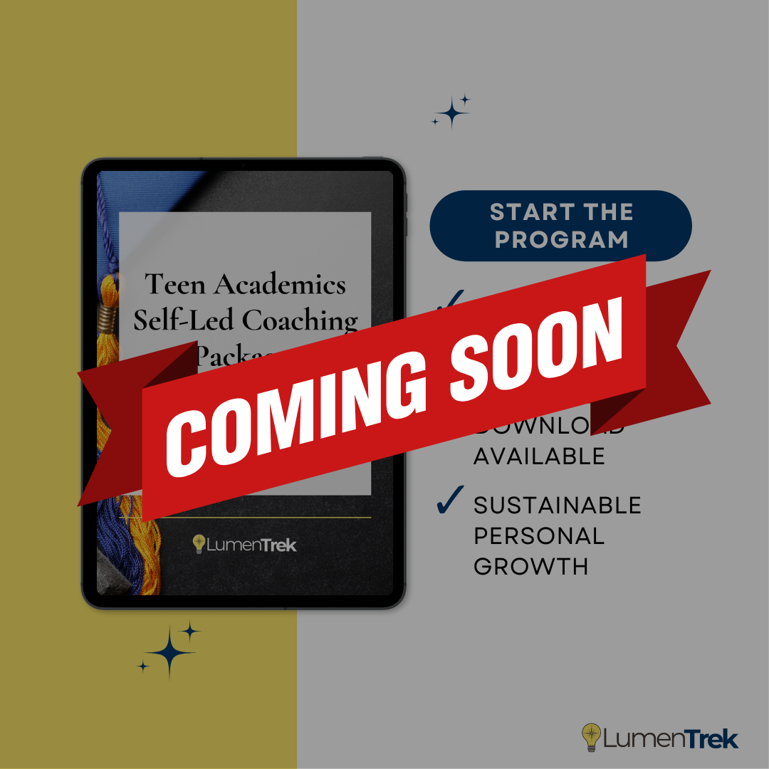 Tablet displaying LumenTrek's Teen Academics program with 'Coming Soon' banner over the top