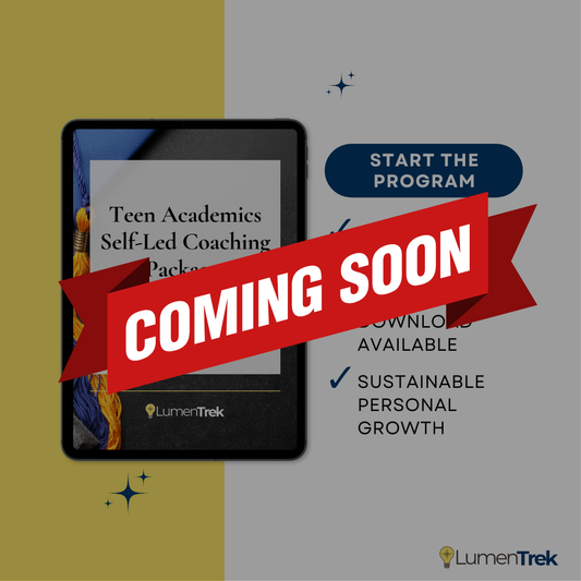 Tablet displaying LumenTrek's Teen Academics program with 'Coming Soon' banner over the top