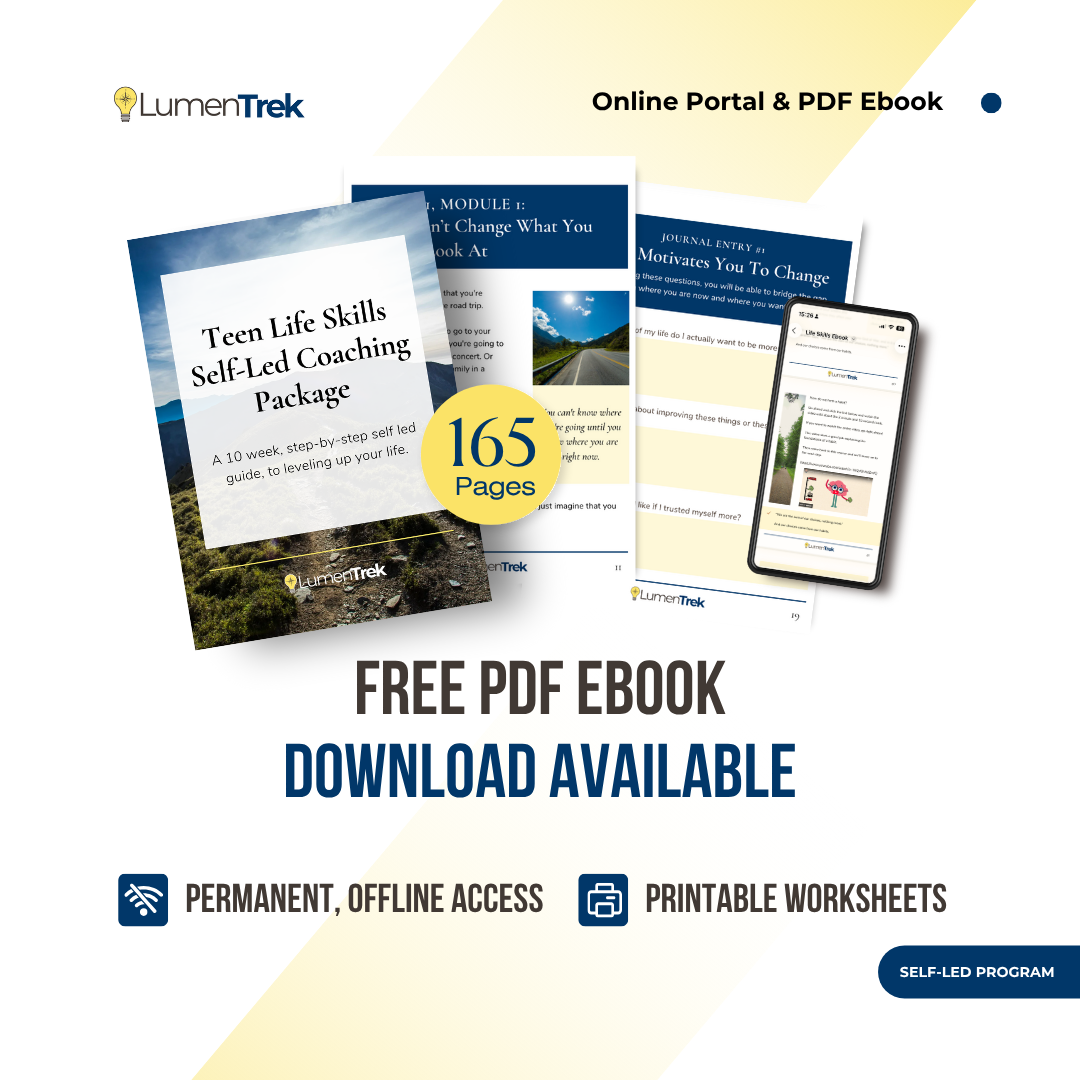 LumenTrek Teen Life Skills Self-Led Coaching Package with digital download options on a white background