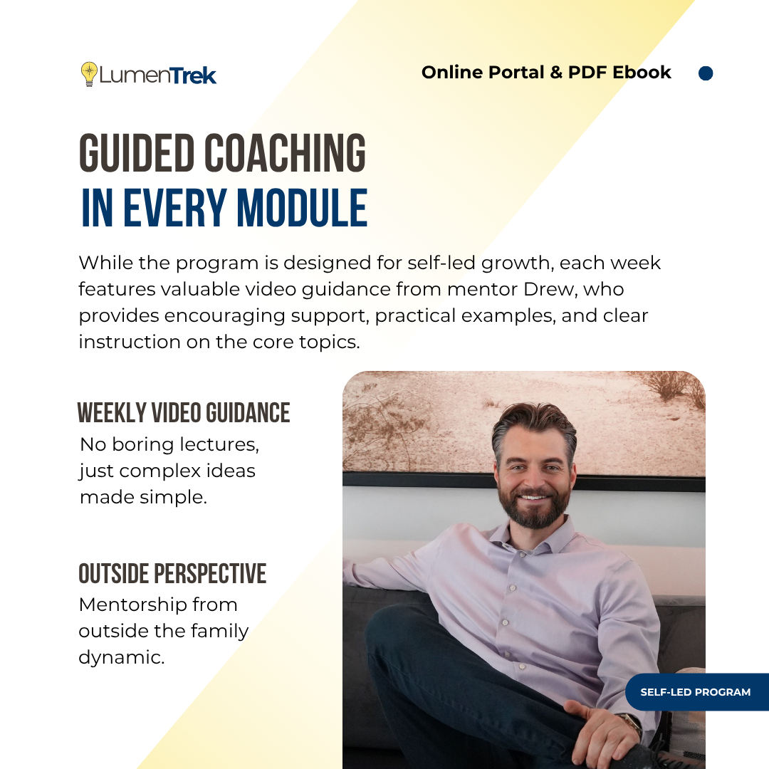 Advertisement for LumenTrek guided coaching program with mentor Drew sitting on a couch.