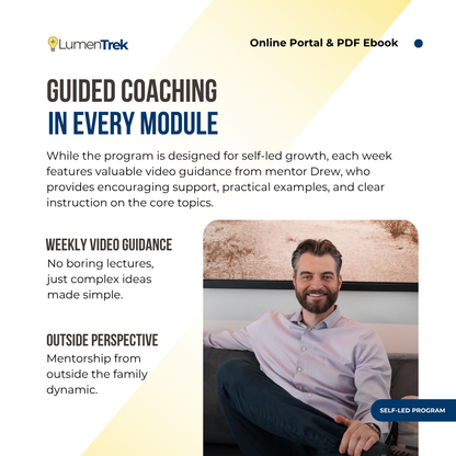 Advertisement for LumenTrek guided coaching program with mentor Drew sitting on a couch.