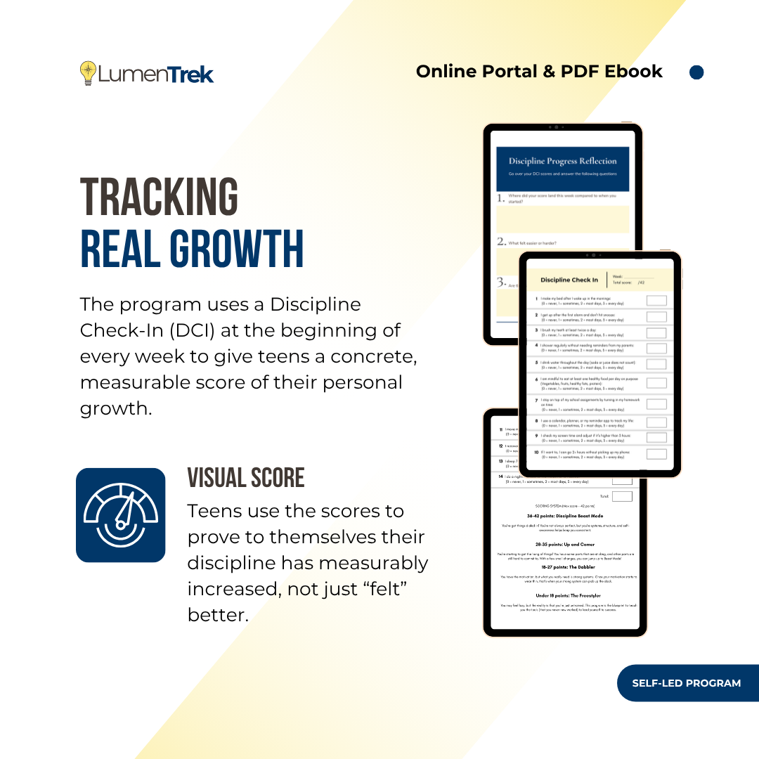 LumenTrek program for tracking real growth with digital devices displaying Discipline Check in tests.