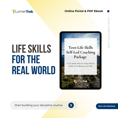 Promotional graphic for LumenTrek's 'Life Skills for the Real World' program with a tablet displaying the program name.