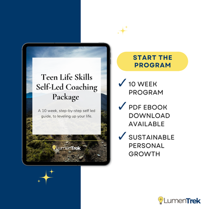 Promotional graphic for a Teen Life Skills Self-Led Coaching Package with a tablet displaying the program cover.