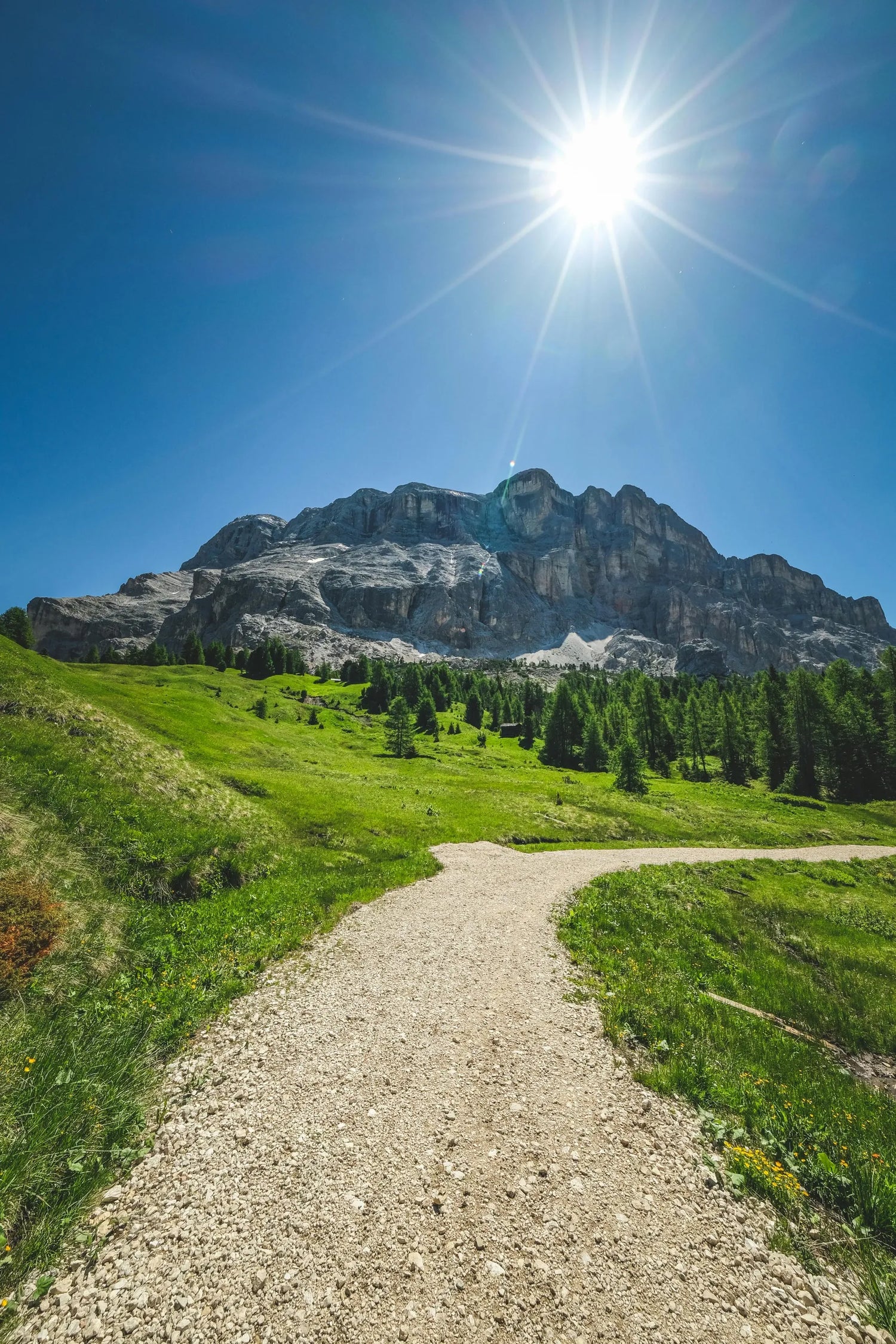 Path leading to a mountain under a bright sun with clear blue sky